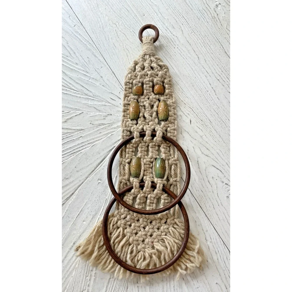 vintage Retro MCM Beige‎ Macrame Wall Hanging Double Hand Towel Ring Holder